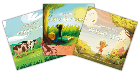 Three children's books titled 'Guru Nanak and the Hungry Cows', 'Guru Nanak and the Friendly Snake', and 'Guru Nanak and the Bright Light' by Shawn Singh Ghuman on a white background.